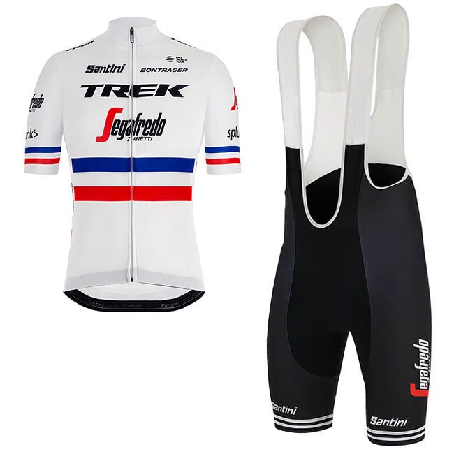 2018 Maillot Trek Segafredo Campione Francia Tirantes Mangas Cortas Blanco